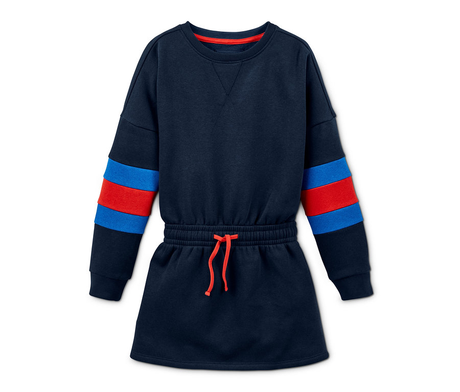 Dunkelblaues Sweatkleid mit roten und blauen Streifen an den Ärmeln.