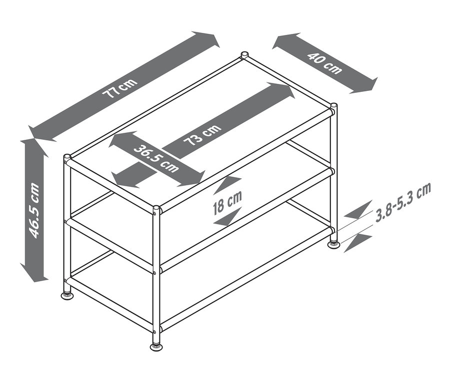 Schema eines offenen Couchtischs CN3 aus Metall mit drei Ablagen und Maßangaben.