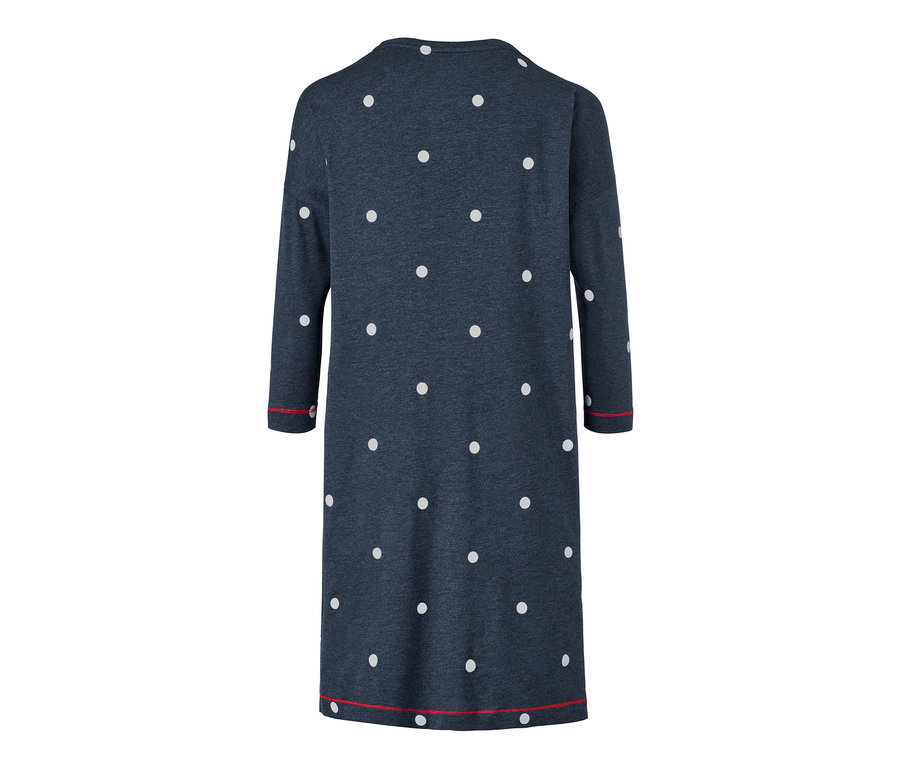 Dunkelblaues Nachthemd mit langen Ärmeln und weißen Punkten.