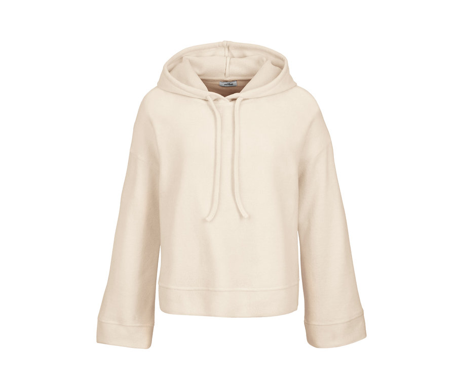 Cremefarbener Fleece-Kapuzenpullover.