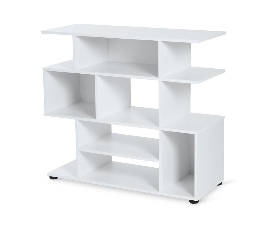 Weißes, offenes Regal mit unterschiedlich großen Fächern.