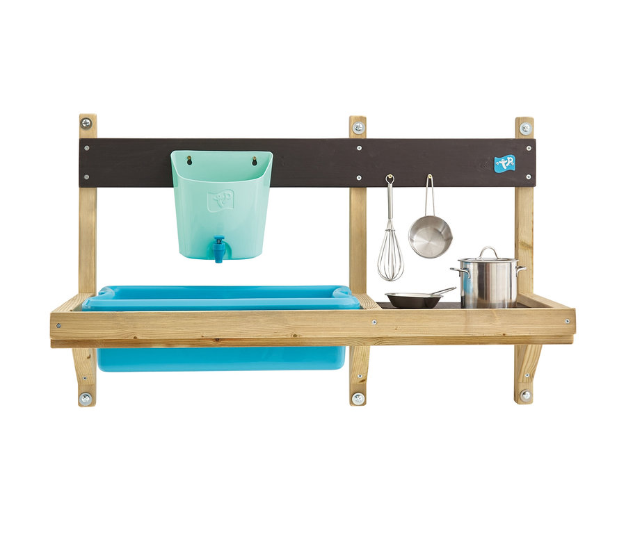 Anbau-Holz-Kinderspielküche »Deluxe« mit blauem Waschbecken und Kochutensilien.