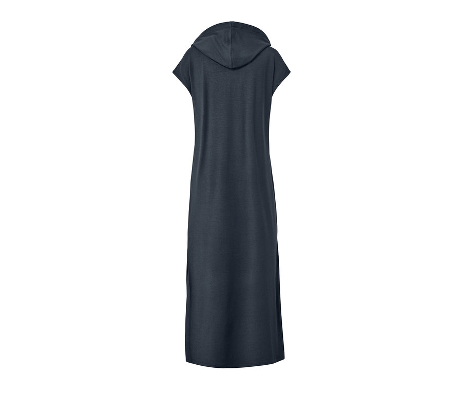 Dunkelblaues Loungekleid mit Kapuze.