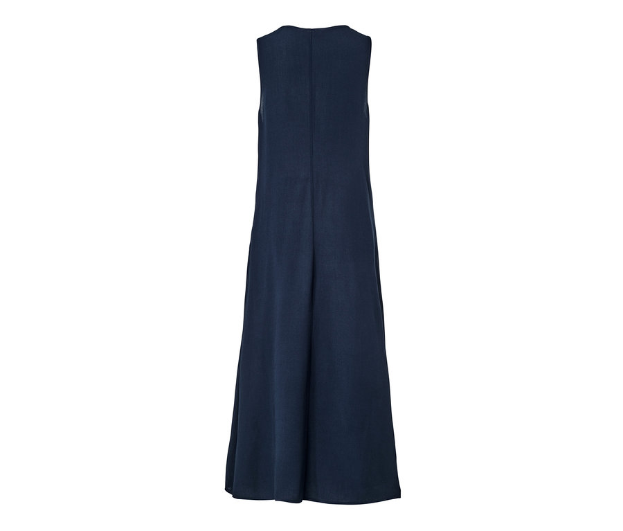 Detailansicht eines marineblauen Maxikleids.