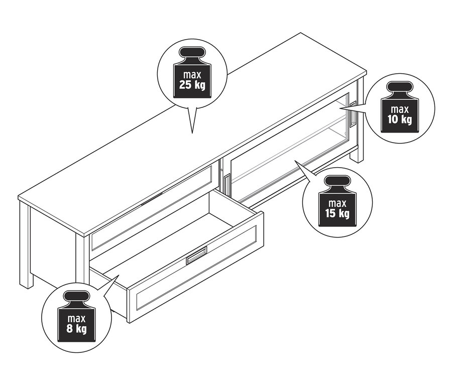Schema eines Lowboards »Clara« mit offener Schublade und maximaler Traglast von 25 kg auf der Oberseite.