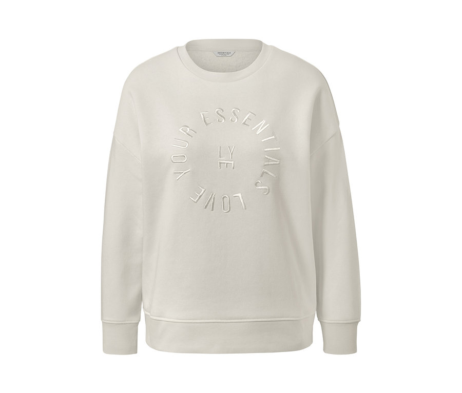 Cremefarbenes Sweatshirt mit Aufschrift.