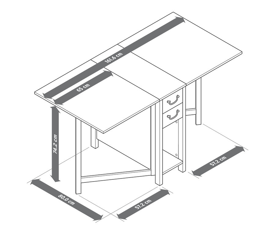 Illustration von einem Küchentisch, erweiterbar, mit Abmessungen.