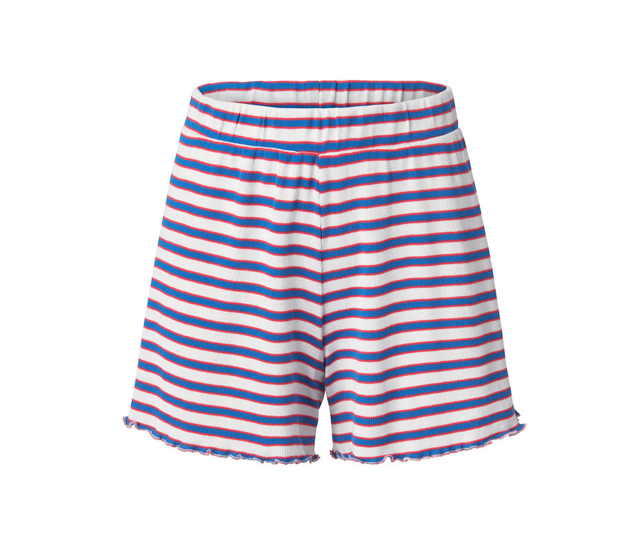 Nahaufnahme von 2 Shorts aus Rippe mit blauen und roten Streifen auf weißem Hintergrund.