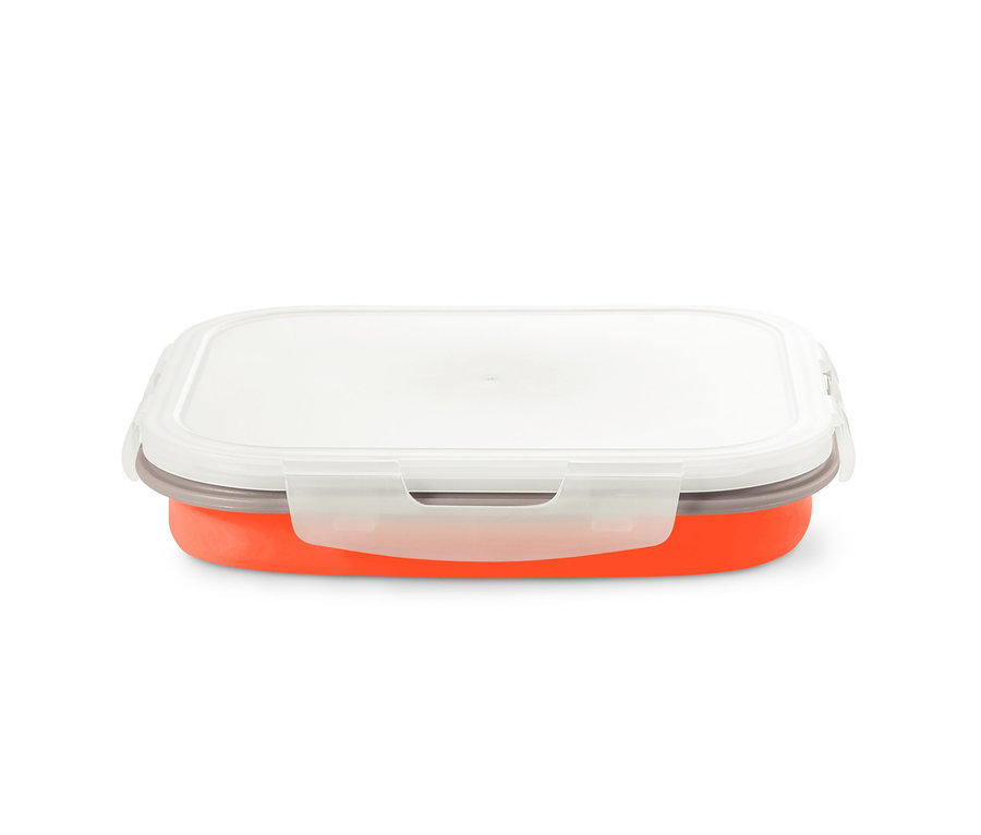 Eine orange faltbare Frischhaltedose mit weißem Deckel.