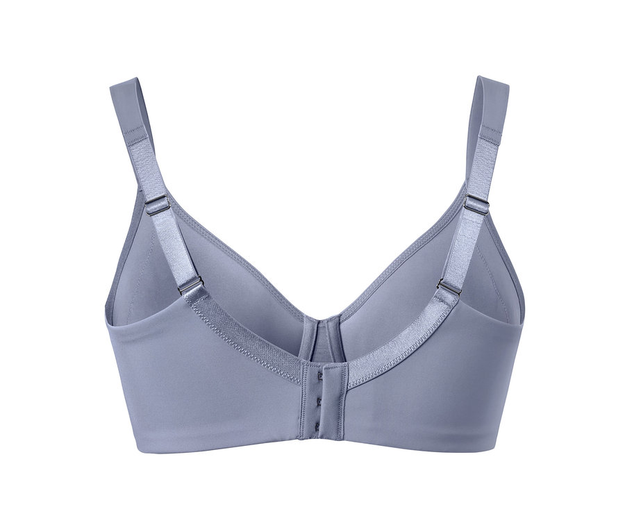 Detailansicht eines grauen Minimizer-BHs mit verstellbaren Trägern.
