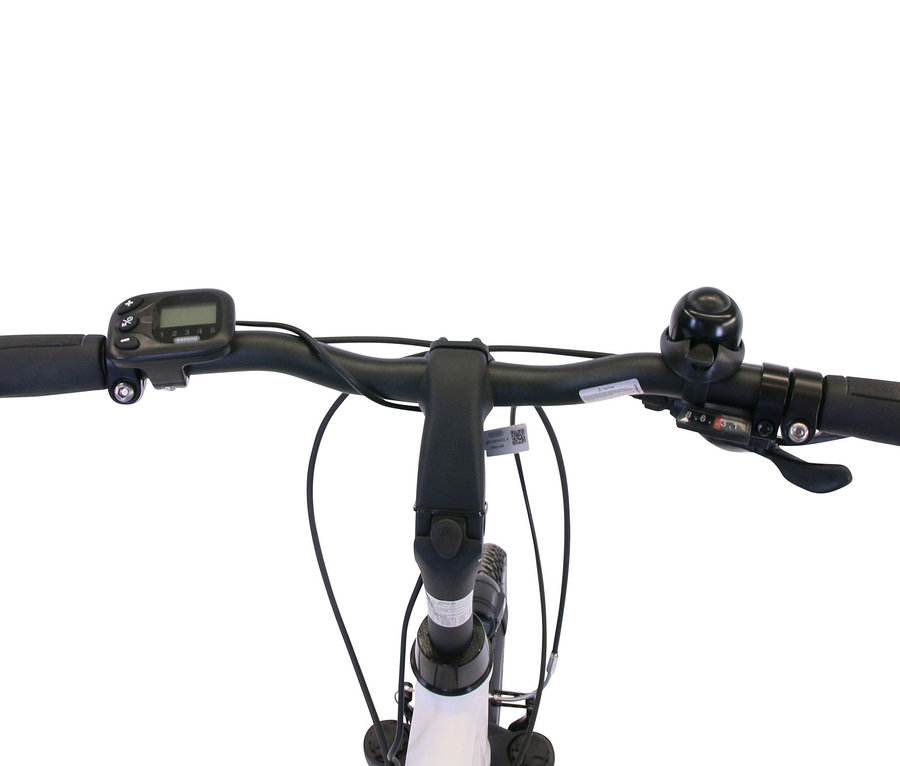 Detailansicht des Lenkers eines grauen HAWK Bikes E-Bike Damen »e-Trekking Lady BAFANG«.