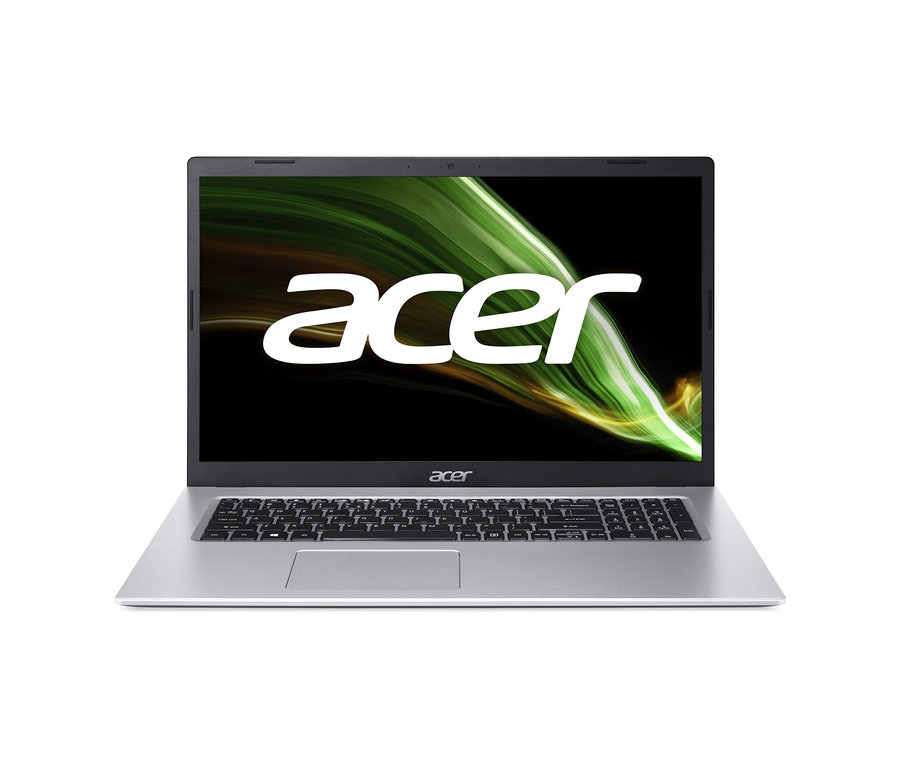 Silbernes Acer Aspire Notebook »A317-53-3209« mit schwarzer Tastatur und Acer-Logo auf dem Bildschirm.