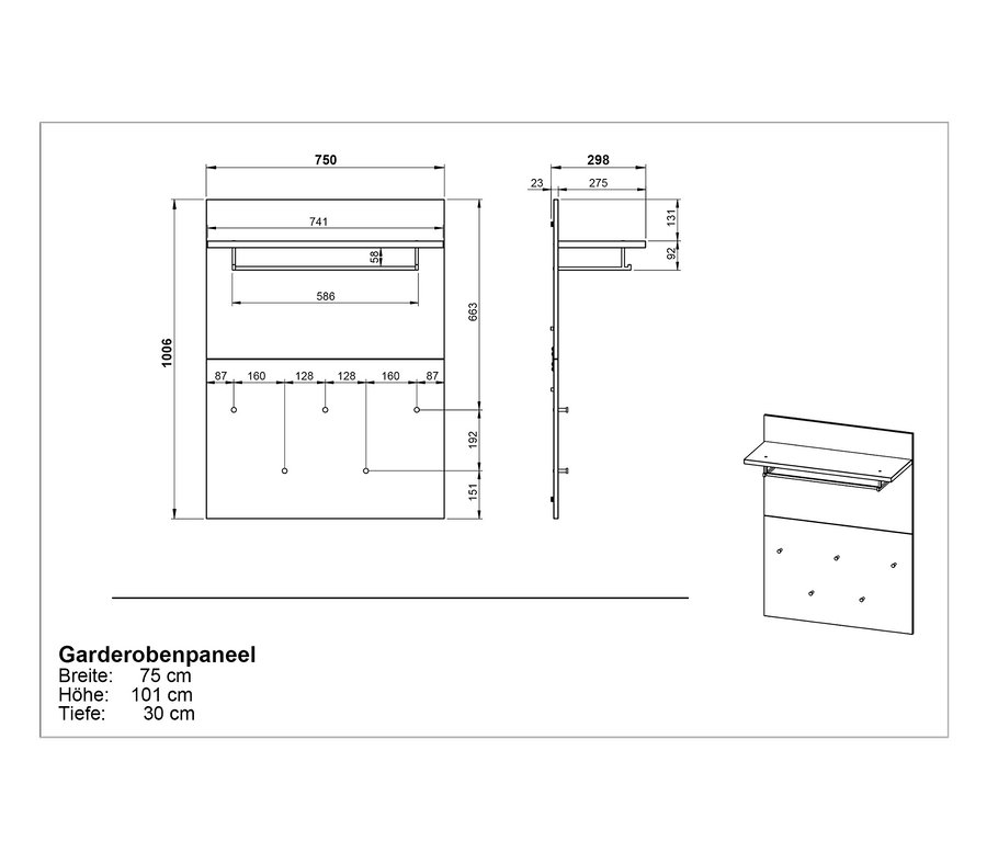 Technische Zeichnung eines Garderobenpaneels »California«.