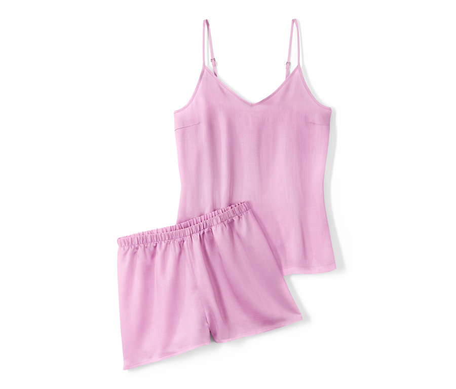 Rosa Shorty-Pyjama mit dünnen Trägern.