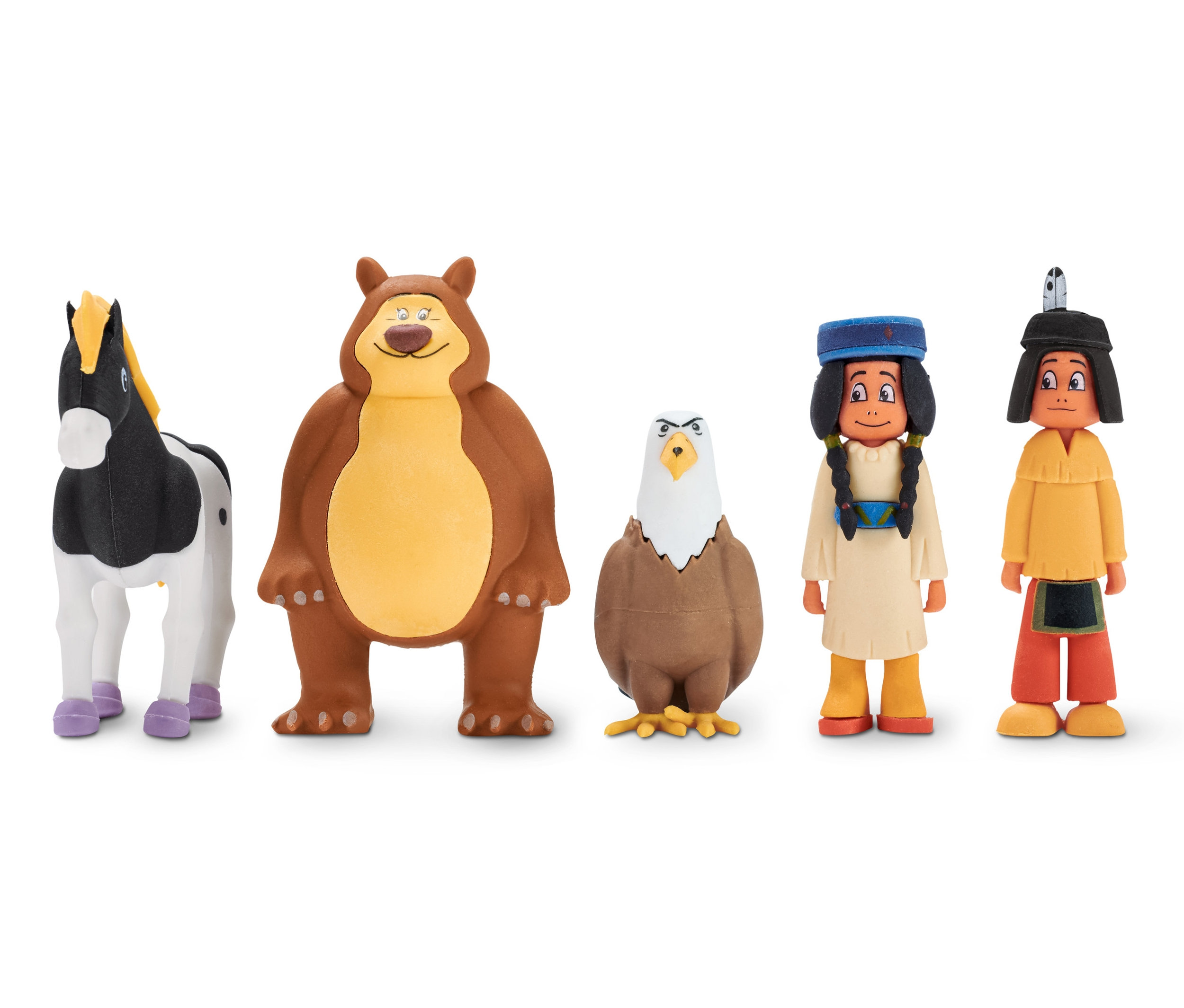 Fünf Yakari-Figuren: ein Pferd, ein Bär, ein Adler und zwei Kinderfiguren.