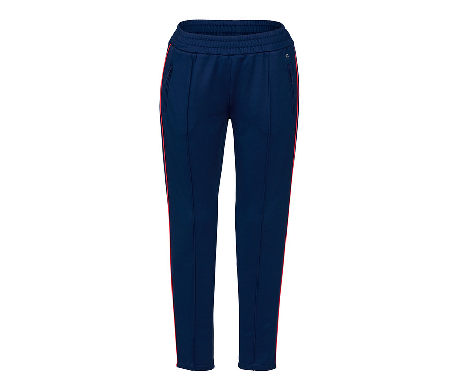 Eine blaue Sporthose mit einem roten Streifen an der Seite.