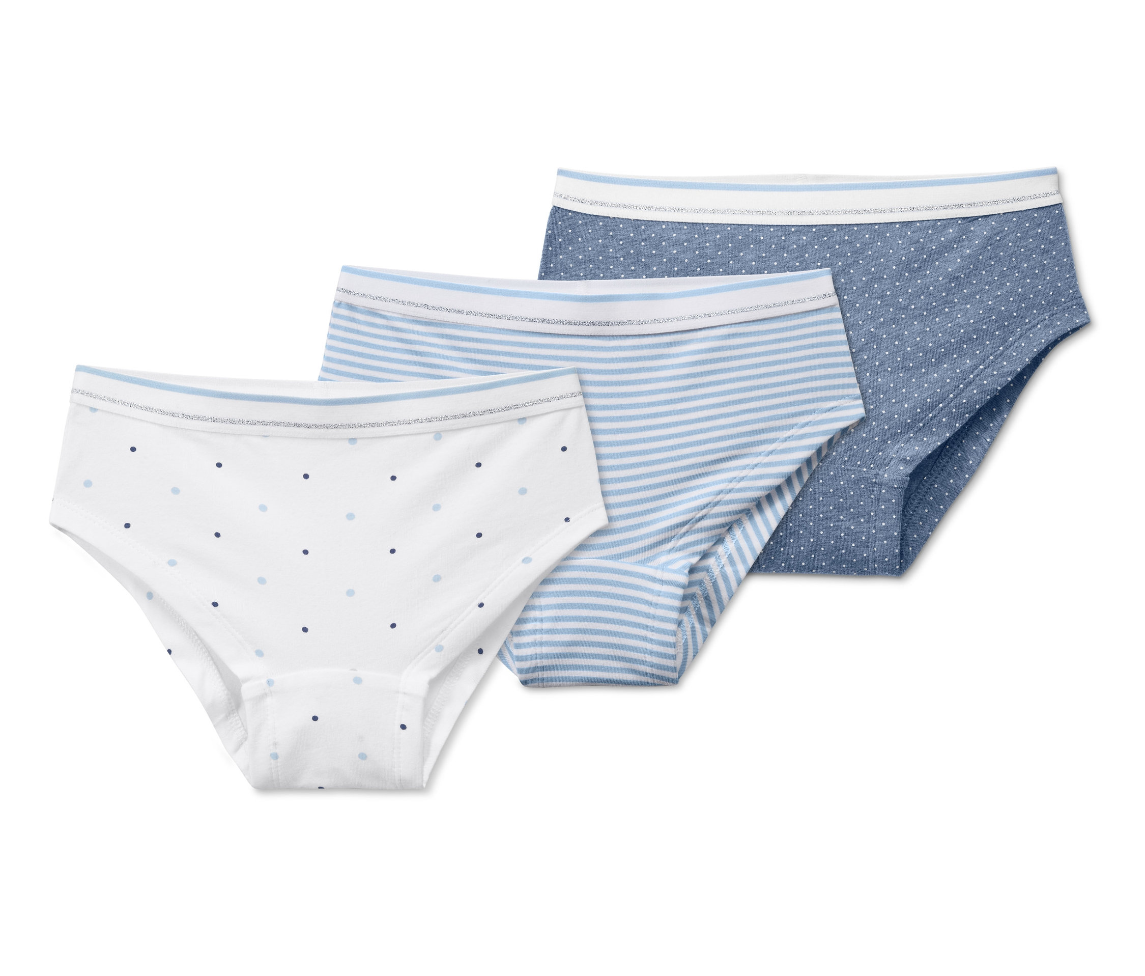 Drei Mädchen-Pantys: eine weiß mit blauen Punkten, eine blau mit weißen Streifen und eine blau mit weißen Punkten.