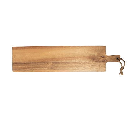 Längliches Servier-und Schneidebrett aus braunem Holz mit Lederschnur am Griff.