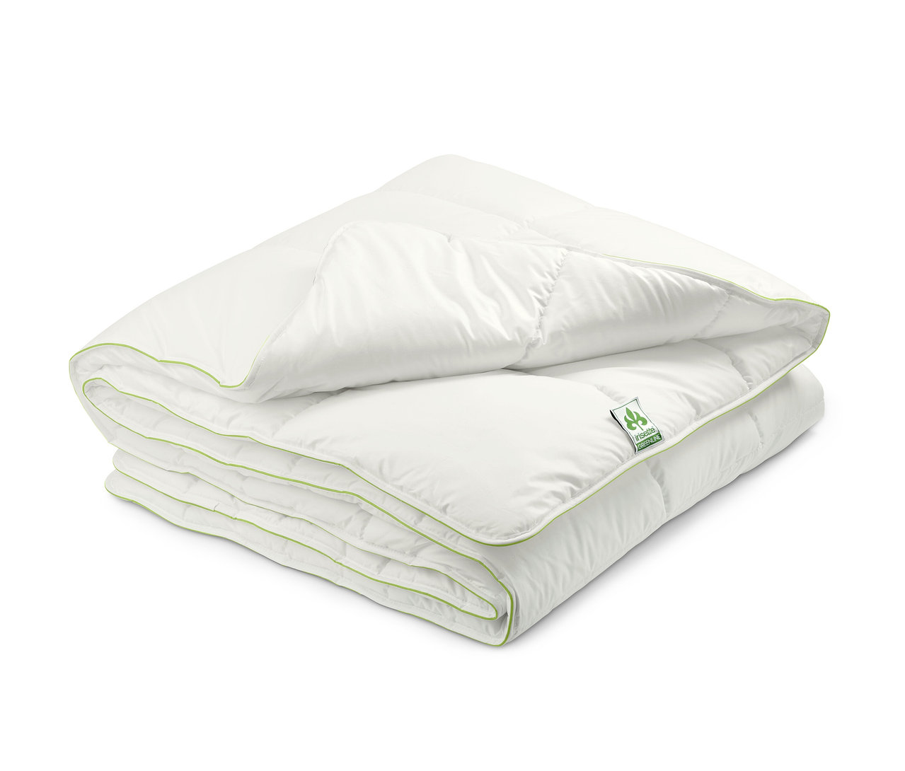 Gefaltete weiße irisette® greenline Thermobett mit grüner Bordüre.