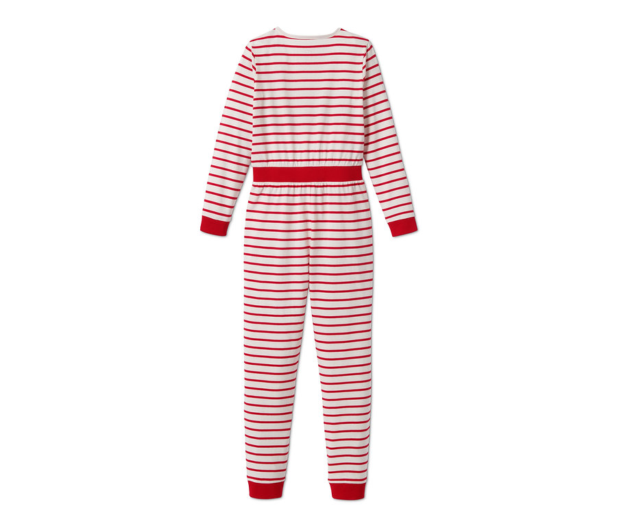 Gestreifter, rot-weißer Onesie-Pyjama aus Bio-Baumwolle.