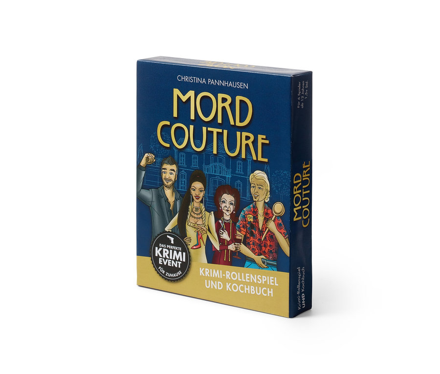Eine Schachtel des Krimispiels »Mord Couture« steht aufrecht.