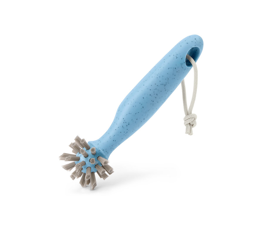Eine blaue Universalreinigungsbürste mit braunen Borsten und einer Kordel zum Aufhängen.