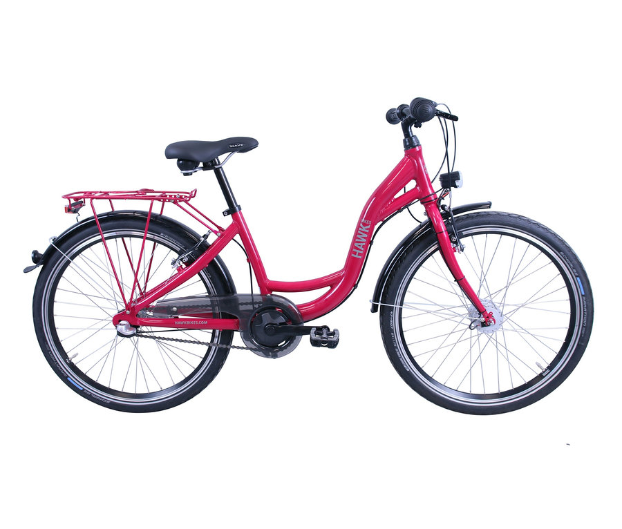 Ein pinkes HAWK-Bikes-Jugendfahrrad »City Wave Girls« mit schwarzen Schutzblechen und Gepäckträger.