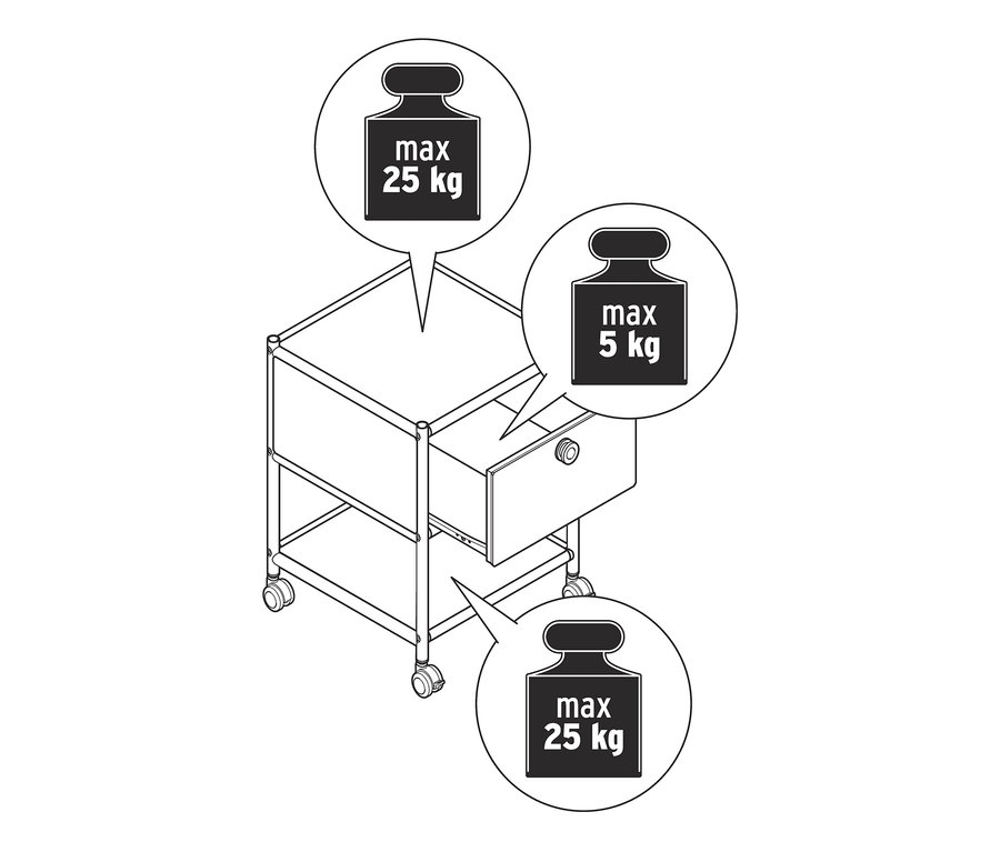 Die Skizze eines Beistelltischs Metall »CN3« mit Schublade zeigt eine maximale Tragfähigkeit von 25 kg auf der oberen und unteren Ablage und 5 kg in der Schublade.