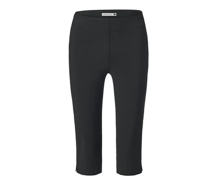 Eine schwarze 3/4-Stretchhose vor weißem Hintergrund.