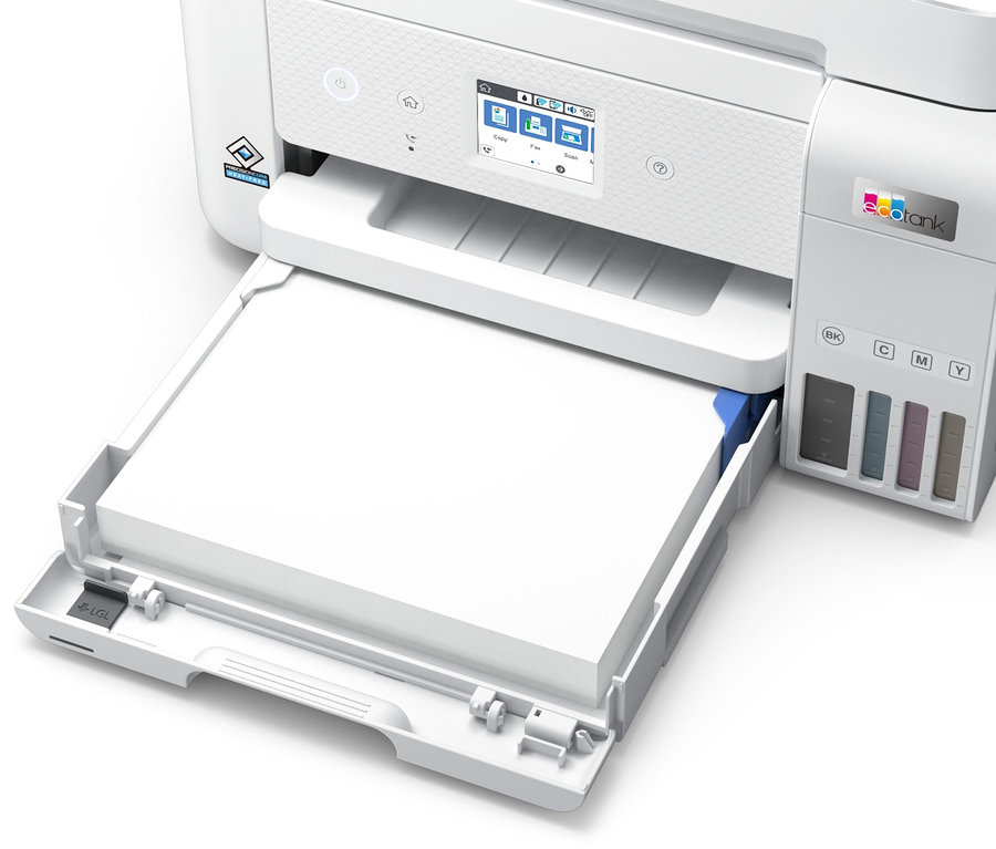 Detailansicht eines weißen Multifunktionsdruckers mit vollem Papierfach. Zu sehen ist der Epson Multifunktionsdrucker »EcoTank ET-4856«.