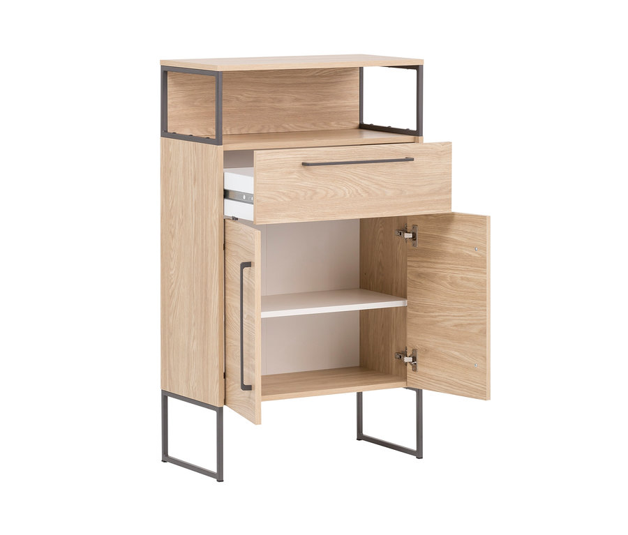 Highboard »Dumone«, Eiche mit offener Schublade und Tür.