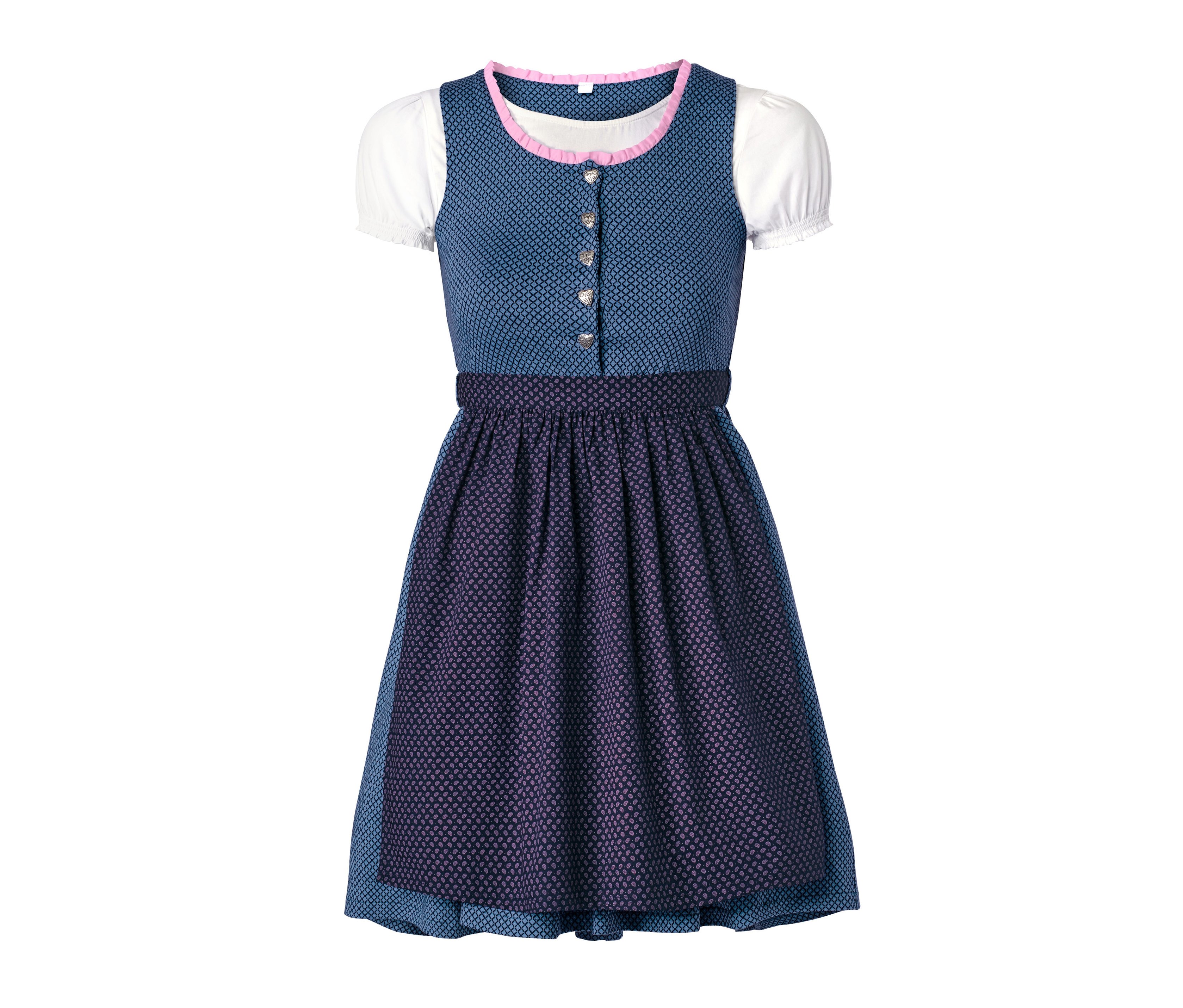 Blaues Stretch-Dirndl mit weißer Bluse und silbernen Herzknöpfen.