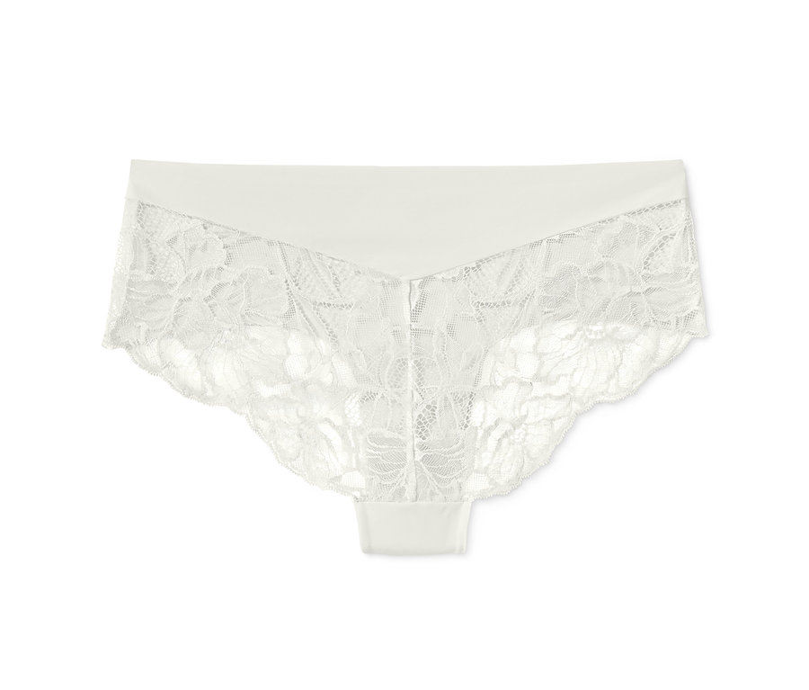 Ein einzelner Magic-Cut-Brazilslip, creme, mit Blumenspitze.