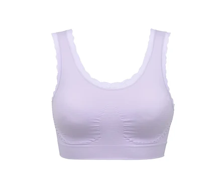 Detailansicht eines fliederfarbenen Seamless-Bustiers mit Spitze.