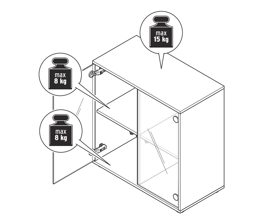 Skizze eines Flemming Regalmoduls, ca. 75 x 75 cm, mit Glastüren, eine Tür ist geöffnet. Maximale Belastung der Oberseite 15 kg, des Regals 8 kg.