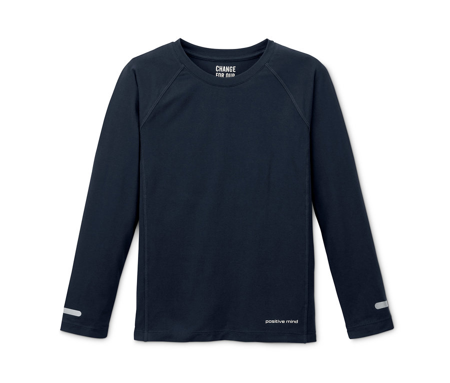 Ein dunkelblaues Funktionsshirt aus recyceltem Material mit langen Ärmeln liegt auf einem weißen Hintergrund.