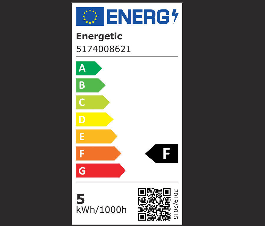 Energielabel mit den Klassen A bis G und einem Verbrauch von 5 kWh/1000h.