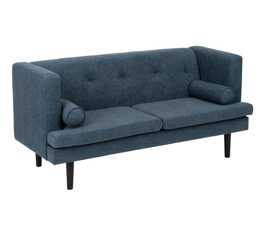 Blaues Kindersofa »Orion« mit zwei zylinderförmigen Kissen.