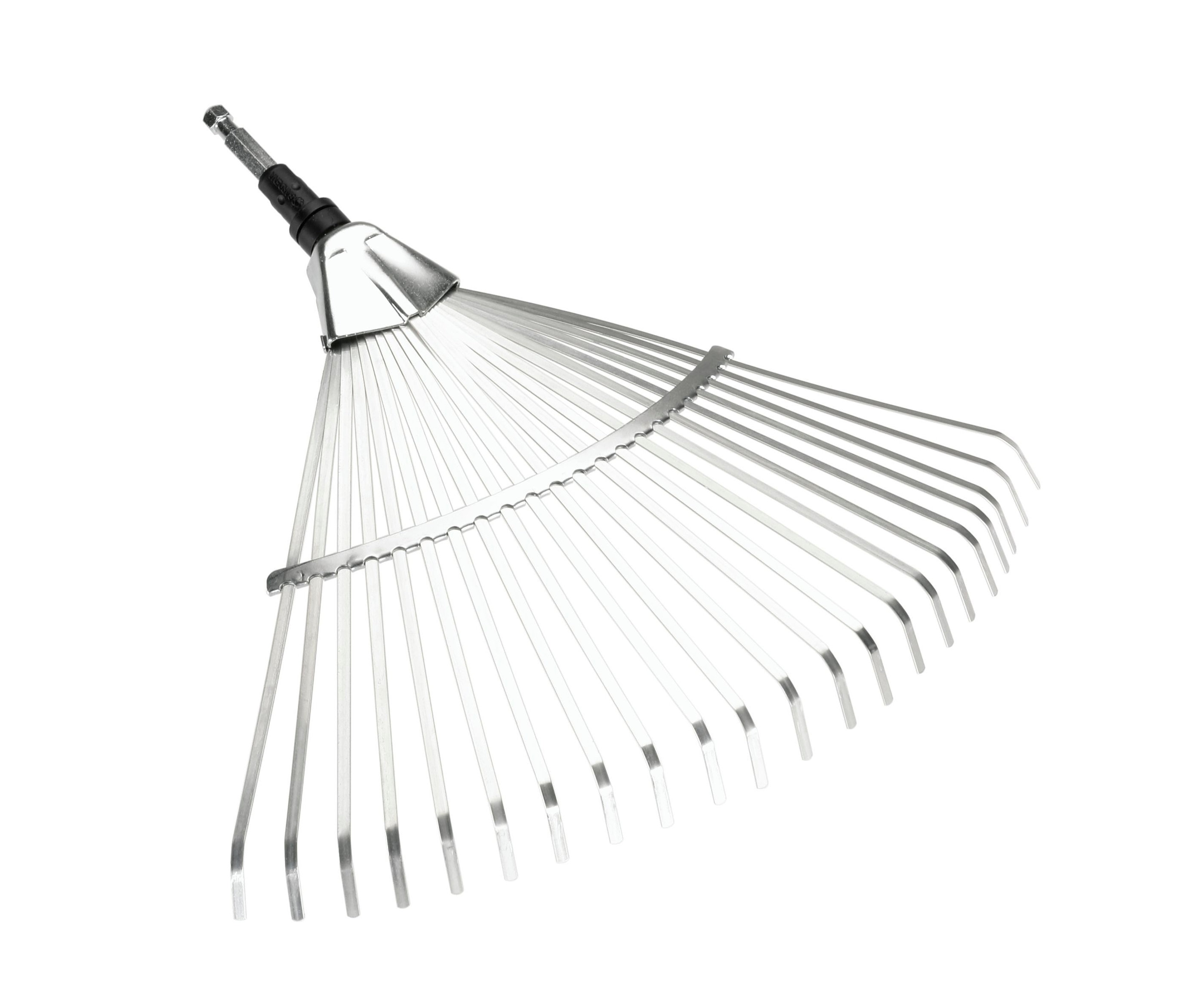 Nahaufnahme eines GARDENA Combisystem »Fächerbesen«. Metallrechen mit schwarzem Griff.