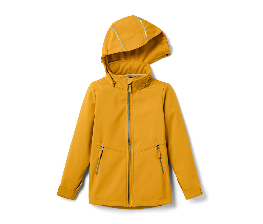 Gelbe Softshell-Jacke mit Kapuze.