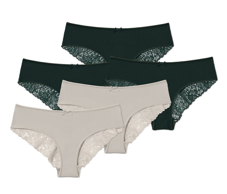 Fünf Brazil-Slips: drei dunkelgrüne und zwei mandelfarbene Slips mit Spitze.