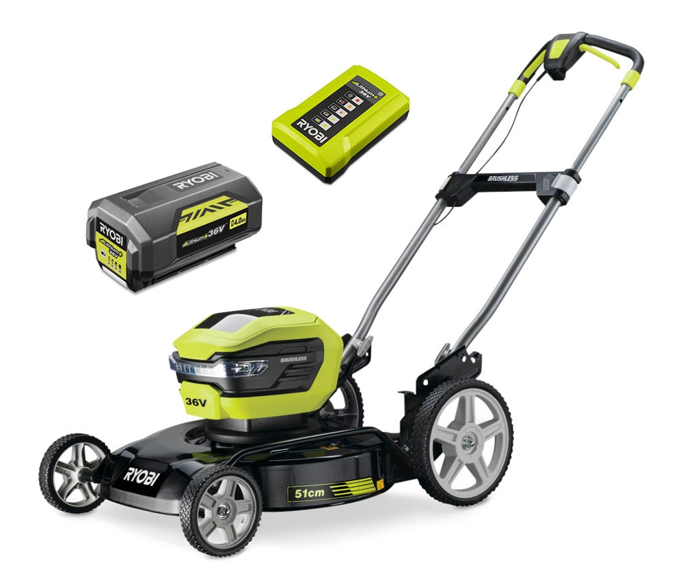 Abgebildeter RYOBI 36 V Brushless-Akku-Mulchmäher »RY36LMM51A-140« mit Akkus.