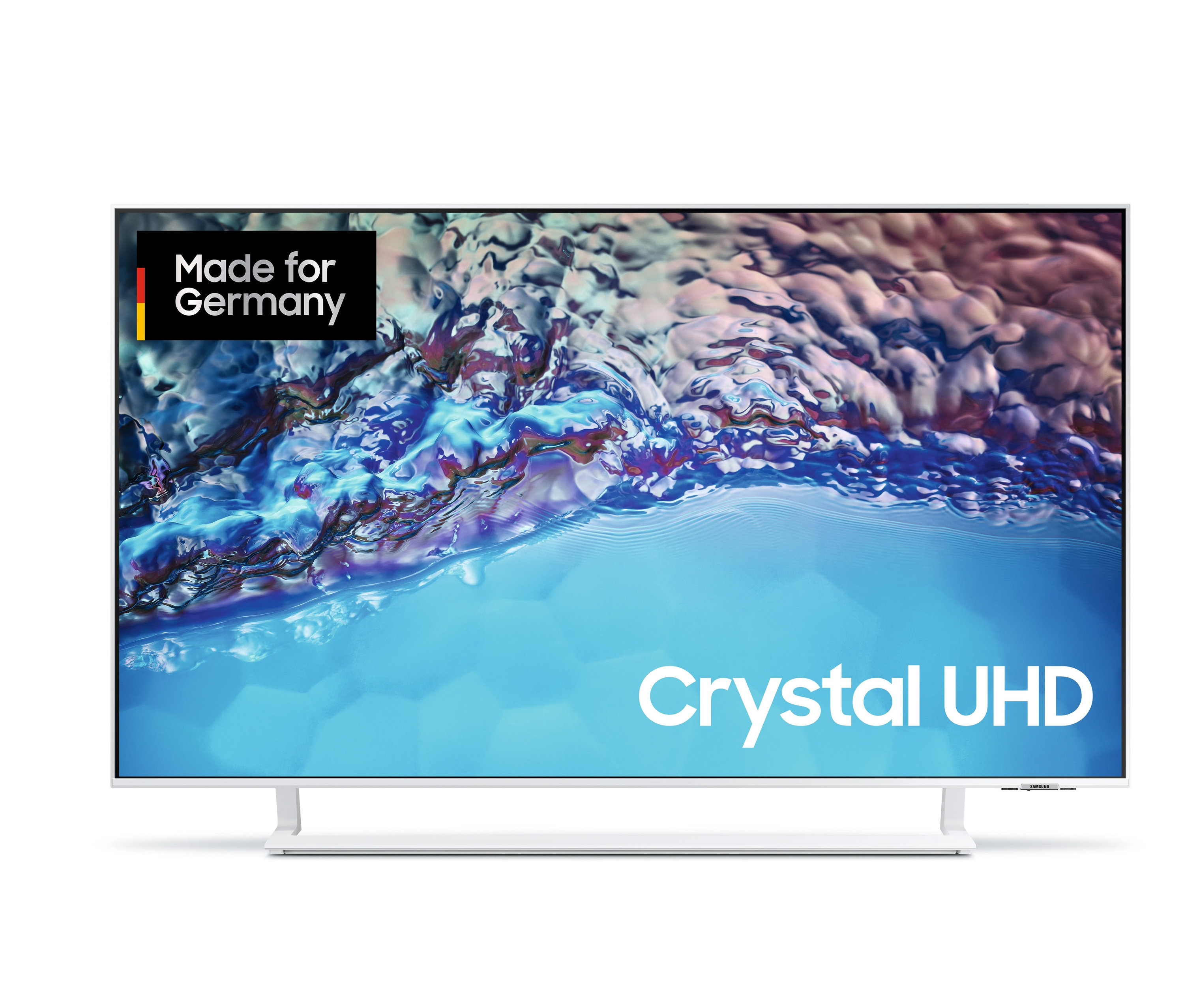 Weißer Samsung Crystal UHD 4K LED Fernseher »GUBU8589UXZG« in 43 oder 50 Zoll zeigt abstrakte Grafiken.