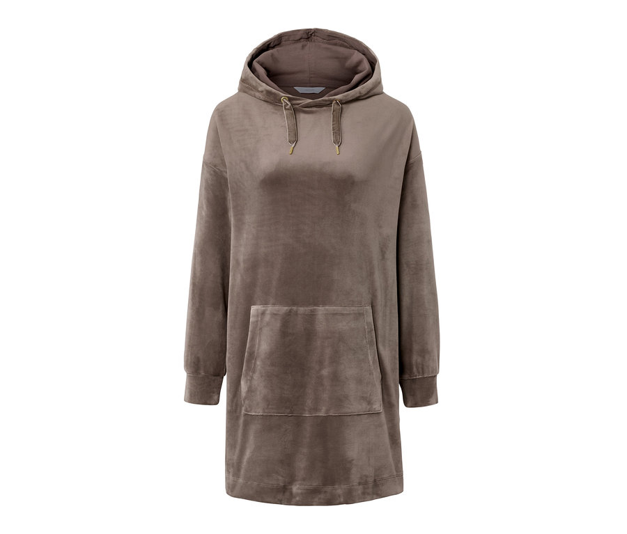 Ein braunes Loungewear-Kleid mit Kapuze und Tasche auf der Vorderseite.