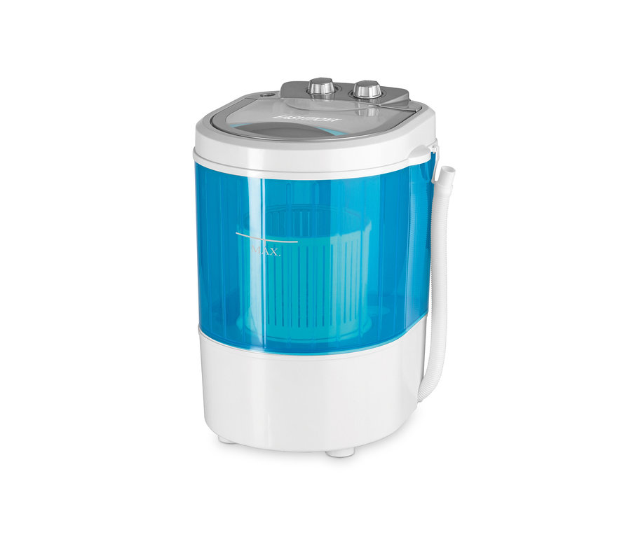 Eine weiß-blaue Mini-Waschmaschine EASYmaxx.