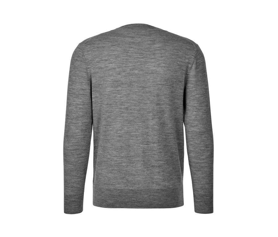 Detailansicht eines grauen Merino-Cardigans.