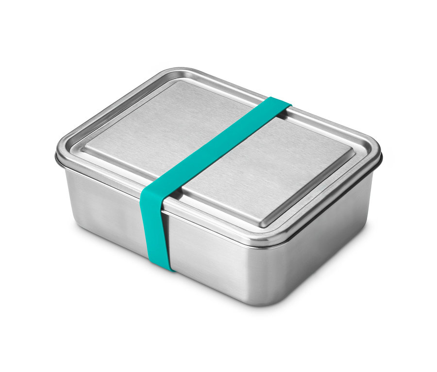Eine To-go-Lunchbox aus Edelstahl mit türkisfarbenem Band.