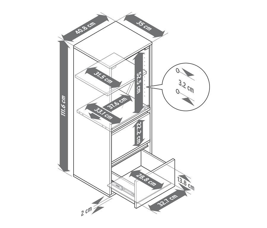 Abbildung eines Sideboards für das Badezimmer mit Maßangaben.