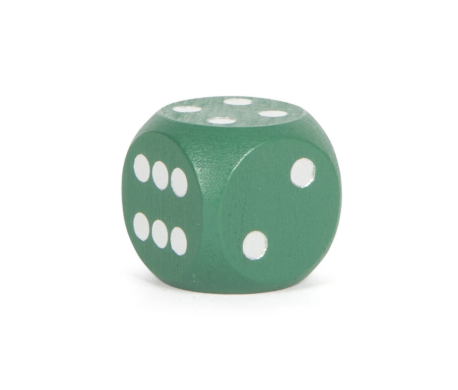Ein grüner Würfel mit weißen Punkten.