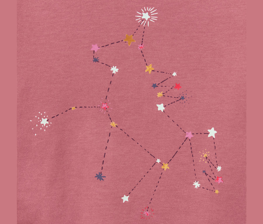 Detailansicht eines Kinder-Pyjamas mit einem im Dunkeln leuchtenden Einhorn-Sternbild-Motiv.